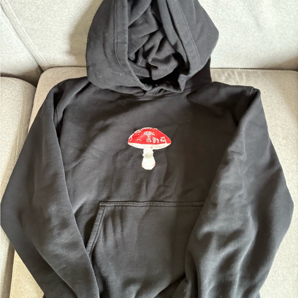 Black Hoodie with Red Mushroom Design